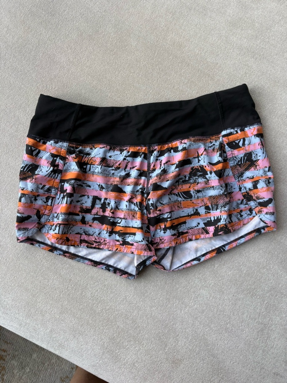 lululemon athletica Pink and Orange Striped Athletic Shorts with Black Waistband